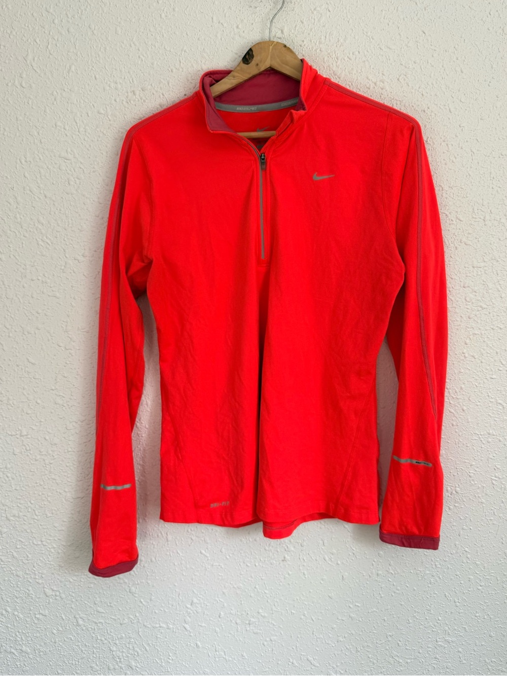 Nike dri fit neon coral red long sleeve running 1/4 zip running shirt womens L